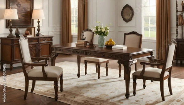 Fototapeta Elegant Wooden Dining Room Set with Classic Decor Elements
