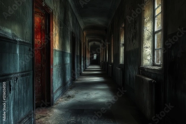 Fototapeta This haunting image captures a long, dimly lit corridor in a neglected building. The peeling paint, shadows, and eerie silence evoke feelings of mystery and abandonment.