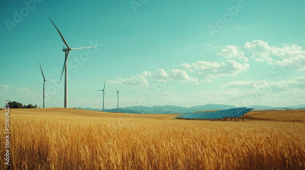 Fototapeta Solar panels and wind turbines in a field, symbolizing clean energy and sustainability.