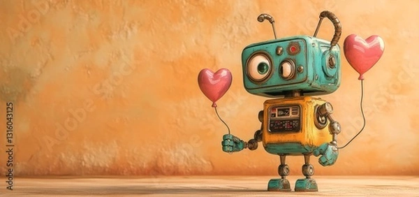 Fototapeta On a beige background, a robot can be seen clutching a balloon shaped like a heart, complete with a tiny red robotic heart at the balloon's terminus