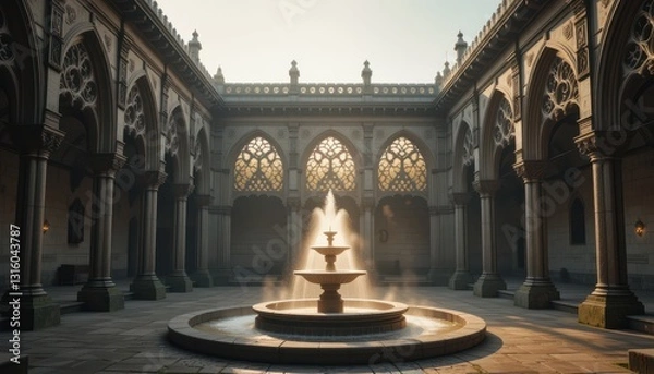 Fototapeta Serene Courtyard Fountain Gothic Architecture Sunlight Architecture