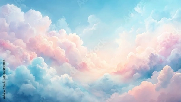 Fototapeta Dreamlike Pastel Cloudscape A Serene and Ethereal Sky Filled with Soft, Colorful Cumulus Clouds at Dawn or Dusk
