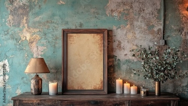 Fototapeta From a bird's-eye perspective, a photo displays a wooden picture frame, candles, eucalyptus, and a white marble base with empty space