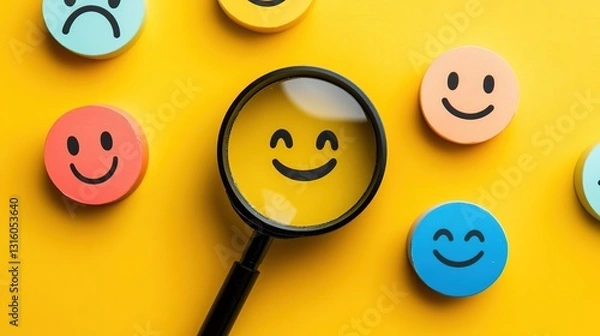 Obraz Customer review satisfaction feedback survey concept to gather insights and improve its services. A magnifying glass focuses on smile face among different feedback emoticons on yellow background 