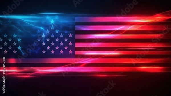 Obraz Futuristic neon American flag close-up with glowing white, red and blue lines on black background. USA Flag Day, US Memorial Day