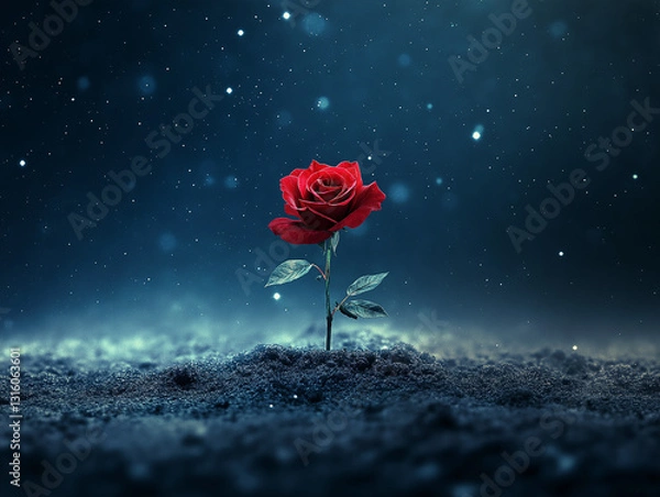 Fototapeta single red rose growing in the middle of a dark, starry night. It blends simplicity with profound meaning, creating a sense of beauty, solitude, and mystery.