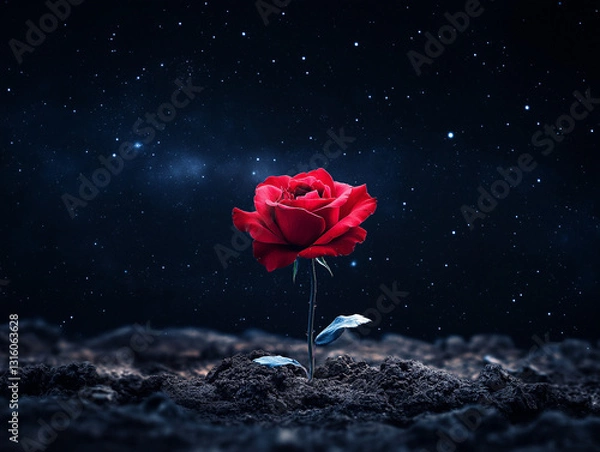 Fototapeta single red rose growing in the middle of a dark, starry night. It blends simplicity with profound meaning, creating a sense of beauty, solitude, and mystery.