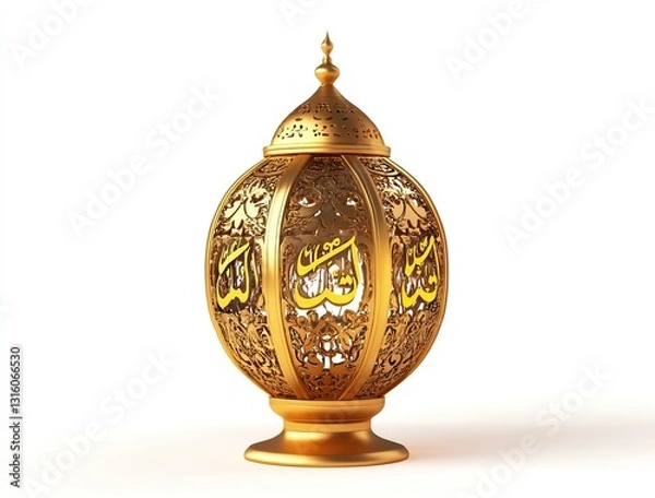 Fototapeta 3D illustration of a golden lantern with Arabic calligraphy for Ramadan Kareem, on a white background, isolated.