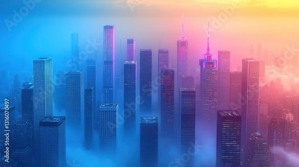 Fototapeta A skyline is draped in low-lying clouds. The city is illuminated with blue, yellow and pink light