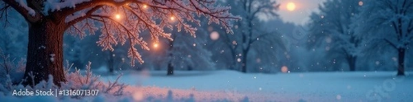 Fototapeta Softly glowing tree lights illuminate the serene winter scene, white Christmas tree, frosty morning, peaceful evening