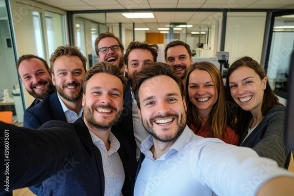 Fototapeta Fun, united colleagues taking a selfie with a phone looking excited, happy or motivated and ready to take startup business to the top. Smiling, happy and cheerful office group or team