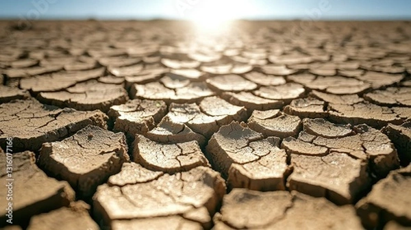 Fototapeta A cracked dry landscape glimmers under the sun, highlighting the effects of drought and environmental changes.