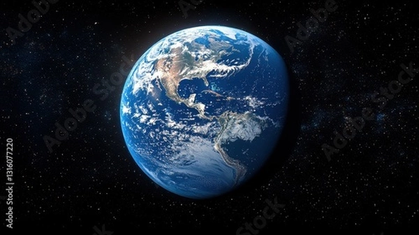 Fototapeta A breathtaking aerial view of Earth from space, showcasing the planet's vibrant blue oceans and swirling white clouds, with a stunning backdrop of twinkling stars scattered across the dark cosmos.