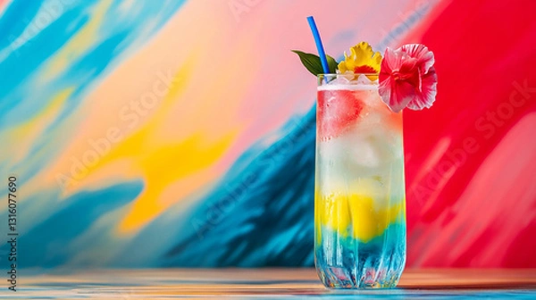 Fototapeta A colorful drink with a straw in it is sitting on a table