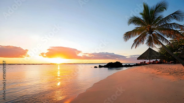 Fototapeta Golden Sunset Over A Tranquil Tropical Beach With Palm Tree And Beach Umbrella Silhouette In Warm Vibrant Colors