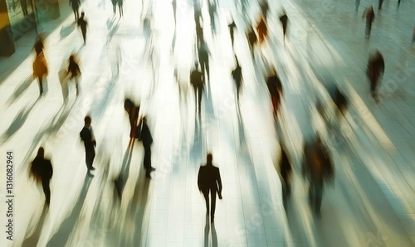 Obraz long exposure shot of a crowd of business people walking in a bright office lobby, fast-moving with blurriness. Generative AI