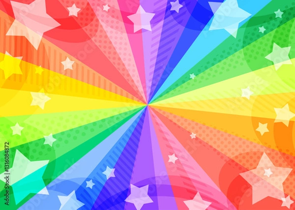 Fototapeta 星が飛び出すレインボーカラーの明るくポップなパターンの放射背景