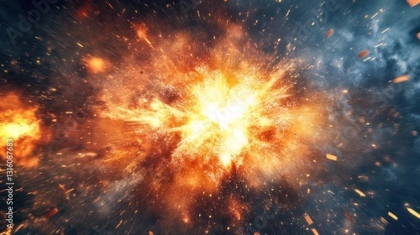 Fototapeta Fiery explosion with sparks and smoke.