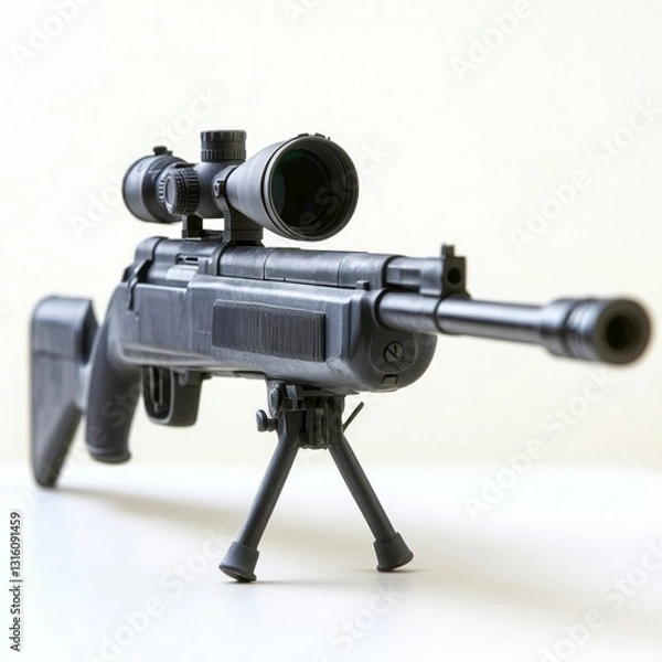 Obraz Black air rifle with scope on bipod, angled view against white background. Detailed close up showing texture and features.