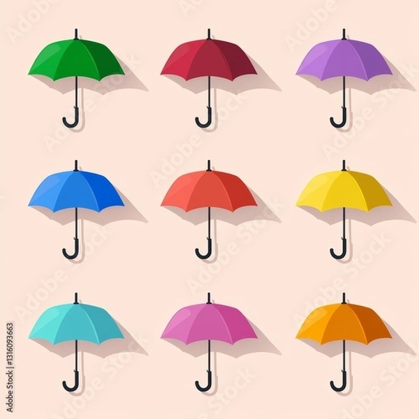 Fototapeta Row of colorful umbrellas are hanging from a wall. The umbrellas are of different colors and sizes