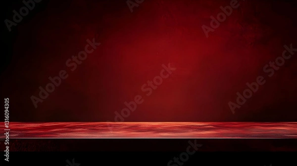 Fototapeta Empty Red Grunge Textured Shelf Or Table Top On Rich Deep Red Spotlight Background Gradient Ideal For Product Presentation