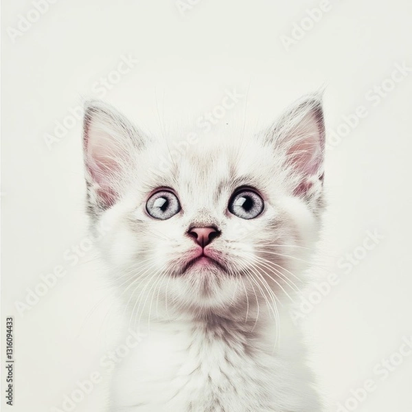Fototapeta A white kitten with blue eyes stares at the camera. The image has a playful and curious mood, as the kitten seems to be looking at the viewer with a sense of wonder