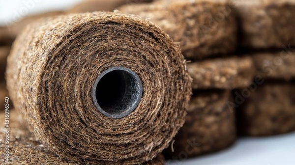 Fototapeta Close up of brown, cylindrical peat pellets for gardening, showing texture and central hole. Stacked pellets in the background.