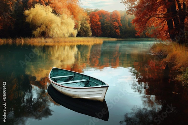 Fototapeta Tranquil Autumn Lake with a wooden boat under vibrant red maple trees.  