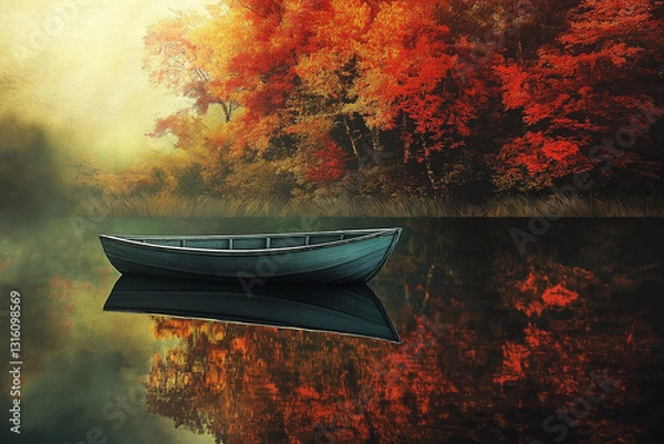 Fototapeta Tranquil Autumn Lake with a wooden boat under vibrant red maple trees.  