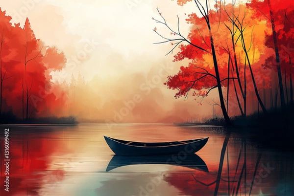Fototapeta Tranquil Autumn Lake with a wooden boat under vibrant red maple trees.  