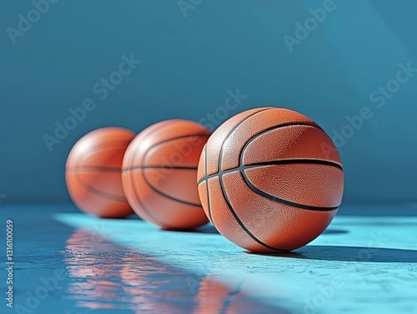 Fototapeta Three basketball balls arranged neatly on a vibrant blue surface for sports training and practice sessions