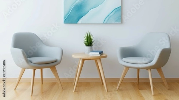 Fototapeta Serene Living Room: A minimalist living space features two stylish gray chairs facing each other with a small wooden side table placed in between, decorated with a plant and a book.
