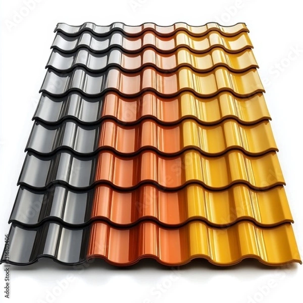 Fototapeta Close up view of three sections of roof tiles in black, brown, and gold, showcasing color variations and texture.