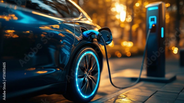 Obraz Electric vehicle charging with blue energy glow, symbolizing sustainable mobility and clean energy transition.