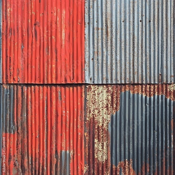 Fototapeta A close-up of corrugated metal sheets displaying a mix of rust, red, and gray hues, showcasing texture and wear over time.