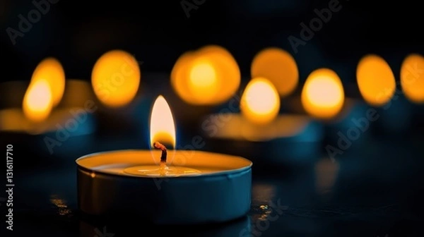 Fototapeta Bright flickering flame of a candle in a dark serene environment