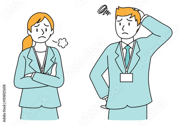 Obraz シンプルな線画のスーツで働く若い男性と女性-困る、悩む