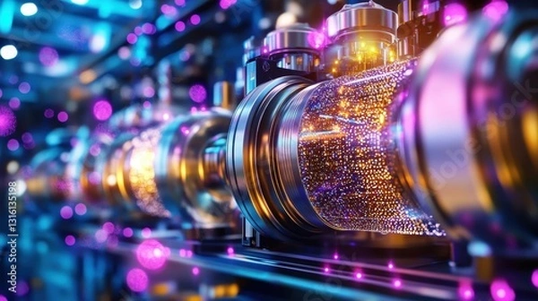 Fototapeta A vibrant, close-up view of industrial machinery featuring glowing components, showcasing technology in action with a futuristic aesthetic.