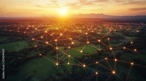 Fototapeta An overhead perspective of land with network markers, symbolizing land development strategy and connectivity.