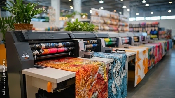 Fototapeta DTF textile printing station featuring printers and vividly printed fabrics, highlighting dynamic designs and modern technology.