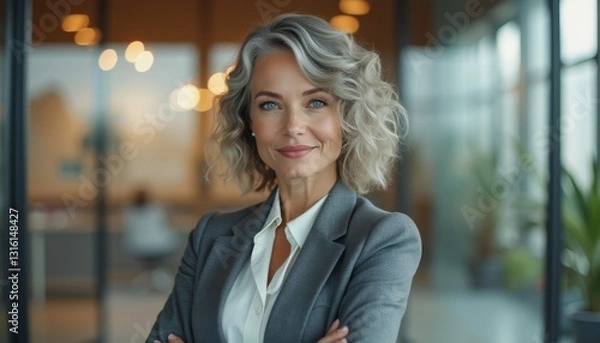 Fototapeta Poised confident business professional in stylish office setting during early morning hours