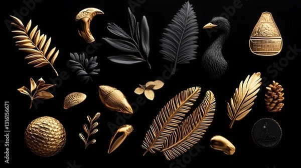 Fototapeta Golden and Black Botanical 3D Render: Dark Background Still Life AI Generated