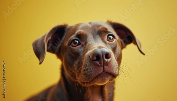 Fototapeta Cinematic capture of a sleek chocolate dog against a vibrant yellow backdrop showcasing emotional expression