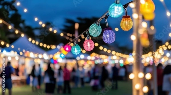 Fototapeta Bright, colorful lanterns illuminate a night market scene at a neighborhood block party, filled with excited people enjoying community festivities.