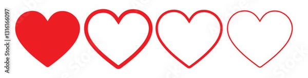 Fototapeta Red heart icon set, love symbol vector elements, valentine's day. Liner outlined and flat red color. Vector Illustration Eps 10