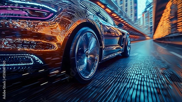 Fototapeta The fast moving luxury automobile driving through an illuminated city street