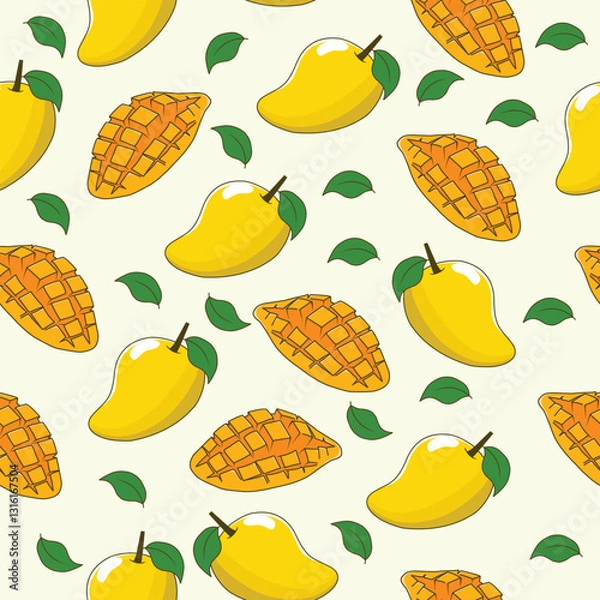 Obraz seamless mango pattern, fruit background in flat style, vector illustration background, Perfect for clothing, textile, fabric, background, wallpaper