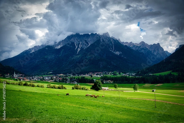 Fototapeta Blick über Toblach im südtiroler Pustertal, mit Kühen auf der Wiese im Vordergrund und Bergmassiv mit tief hängenden Wolken im Hintergrund