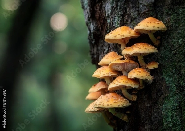 Fototapeta Cluster of Yellow Mushrooms Growing on Tree Trunk in Forest