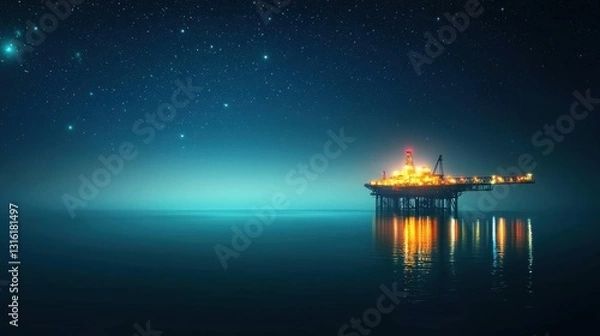 Fototapeta Illuminated oil rig standing in serene ocean waters under a starry night sky reflecting the tranquil atmosphere of the deep sea